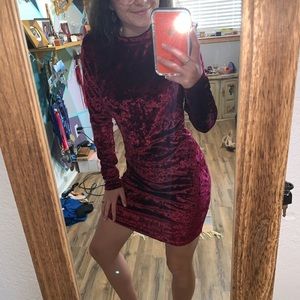Deep Red Velvet Long Sleeve High Neck Dress!